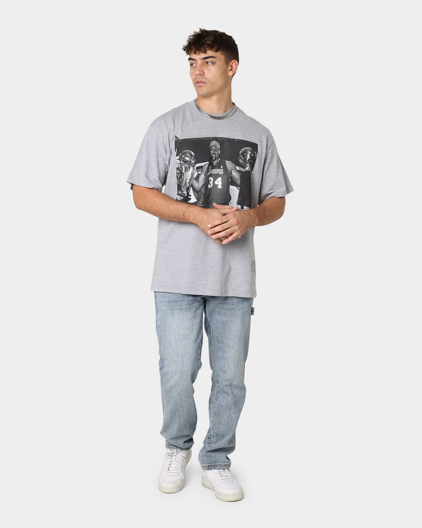 Mitchell & Ness Los Angeles Lakers Shaquille O'Neal Basketball Photo T-Shirt Grey Marle