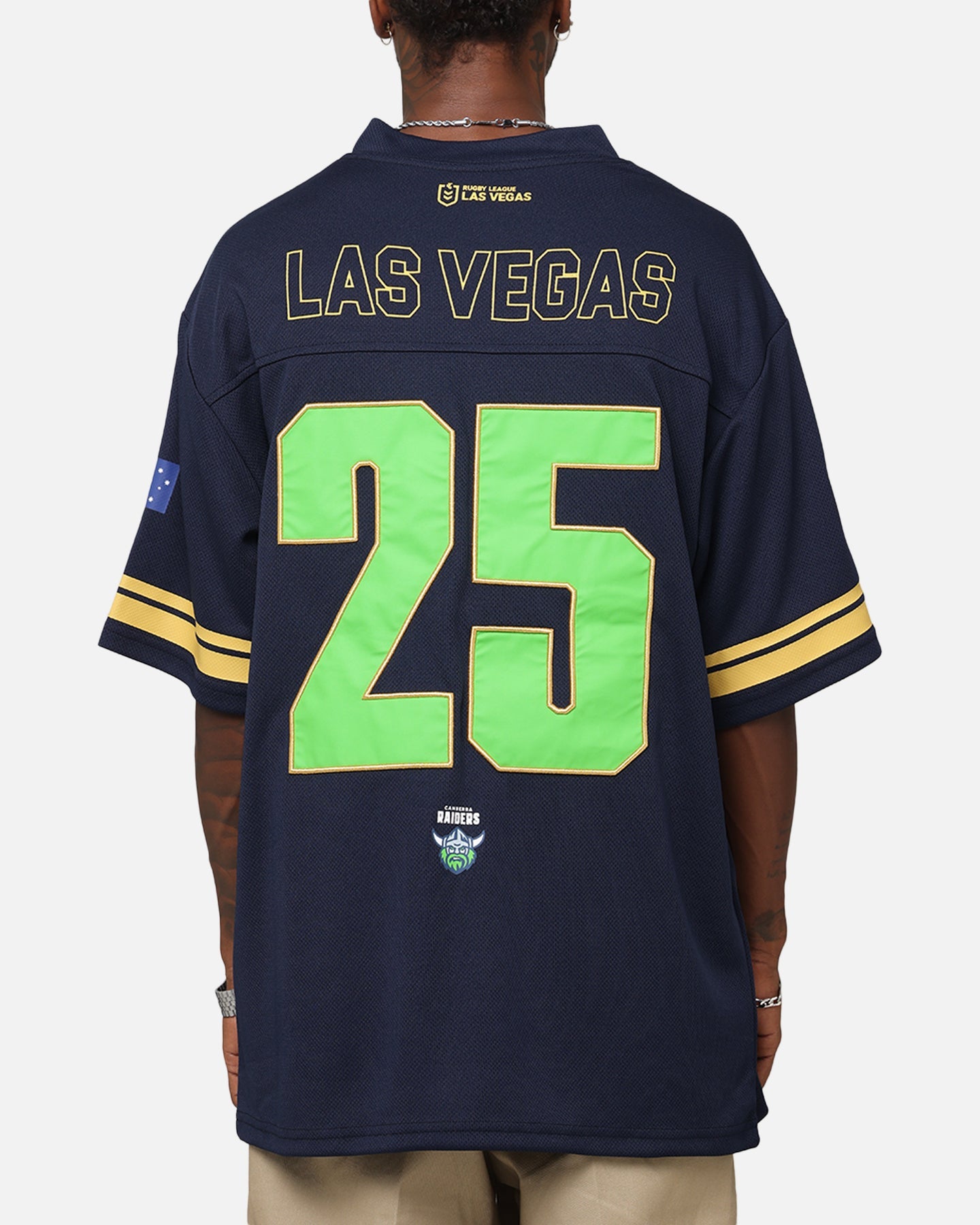 Bleacher Athletic Canberra Raiders NRL 2025 Las Vegas Round Grid Iron T-Shirt Official Team Colour