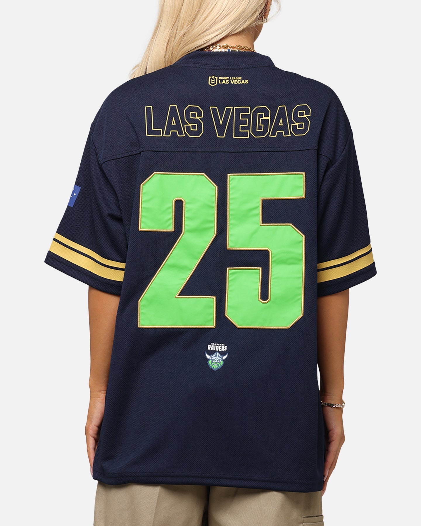 Bleacher Athletic Canberra Raiders NRL 2025 Las Vegas Round Grid Iron T-Shirt Official Team Colour Style001