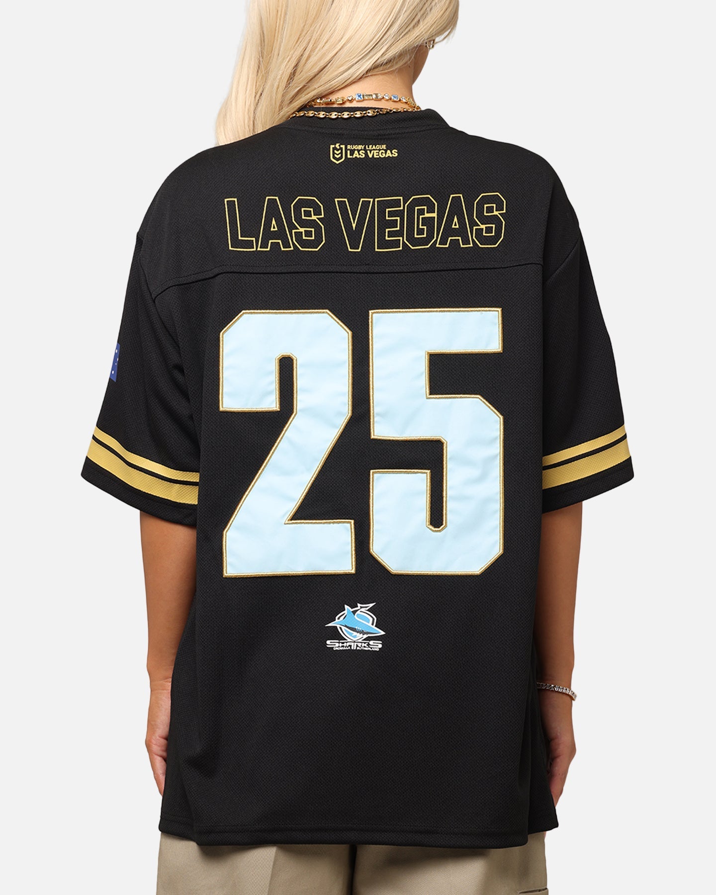 Bleacher Athletic Cronulla Sutherland Sharks NRL 2025 Las Vegas Round Grid Iron T-Shirt Official Team Colour Style001
