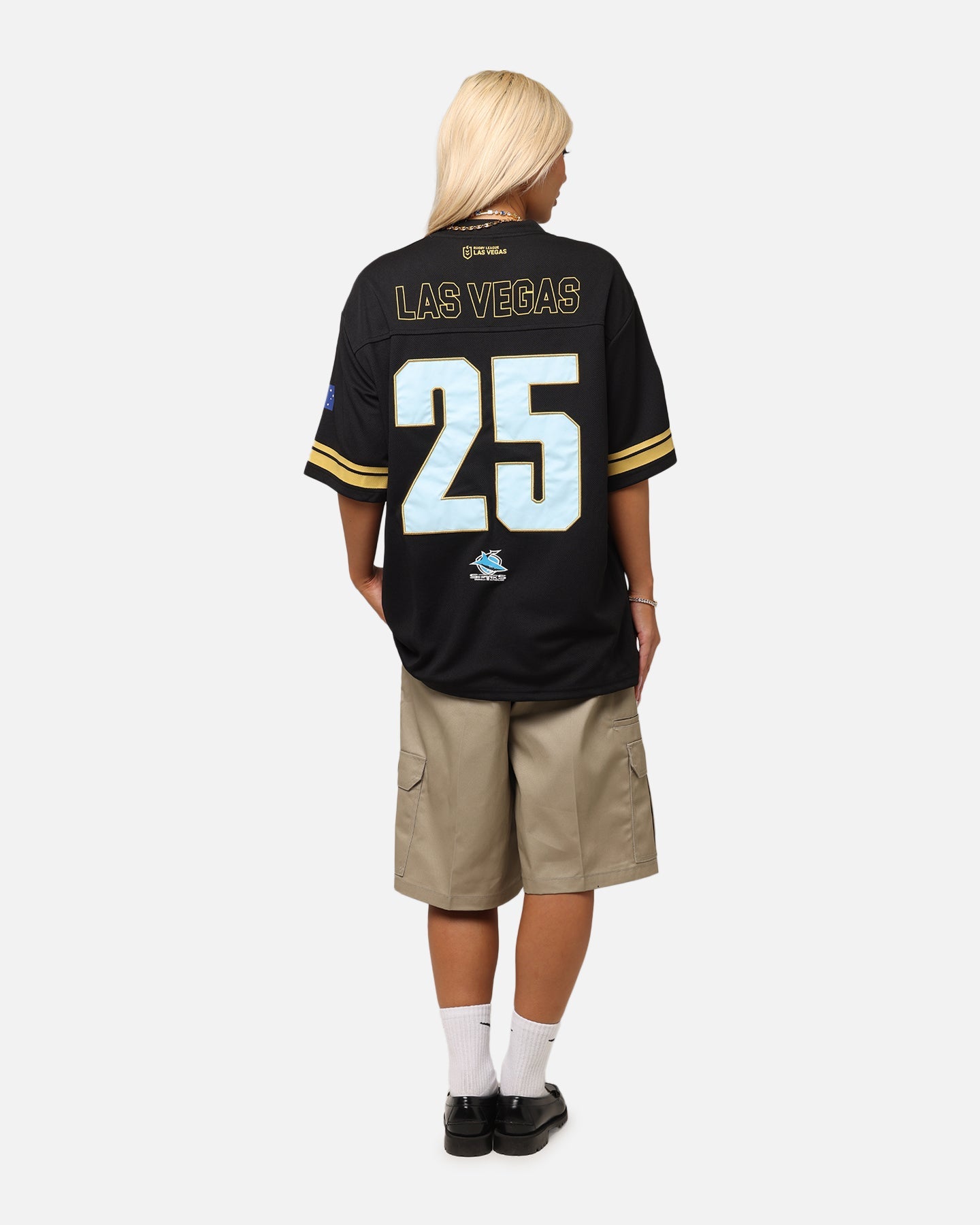 Bleacher Athletic Cronulla Sutherland Sharks NRL 2025 Las Vegas Round Grid Iron T-Shirt Official Team Colour Style001