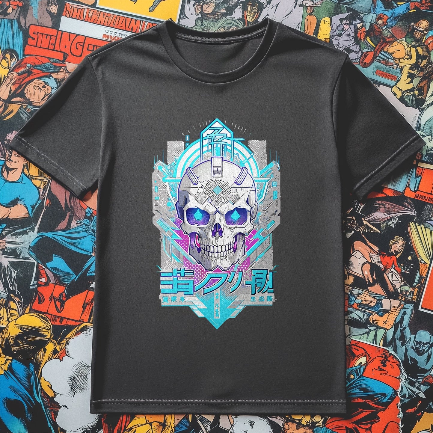 Blue Tech Anime Skull T-Shirt
