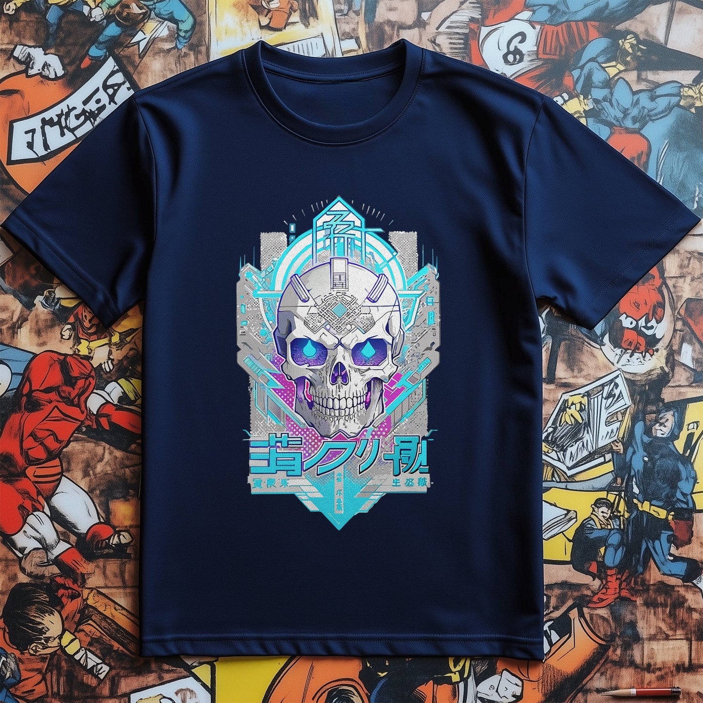 Blue Tech Anime Skull T-Shirt