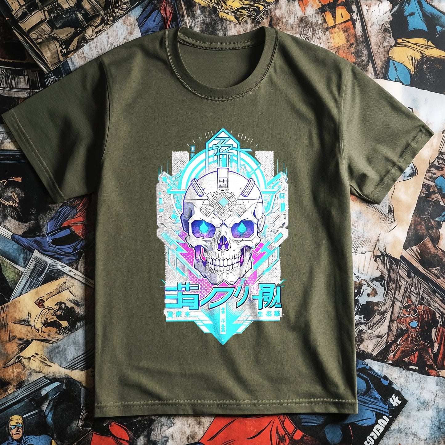 Blue Tech Anime Skull T-Shirt
