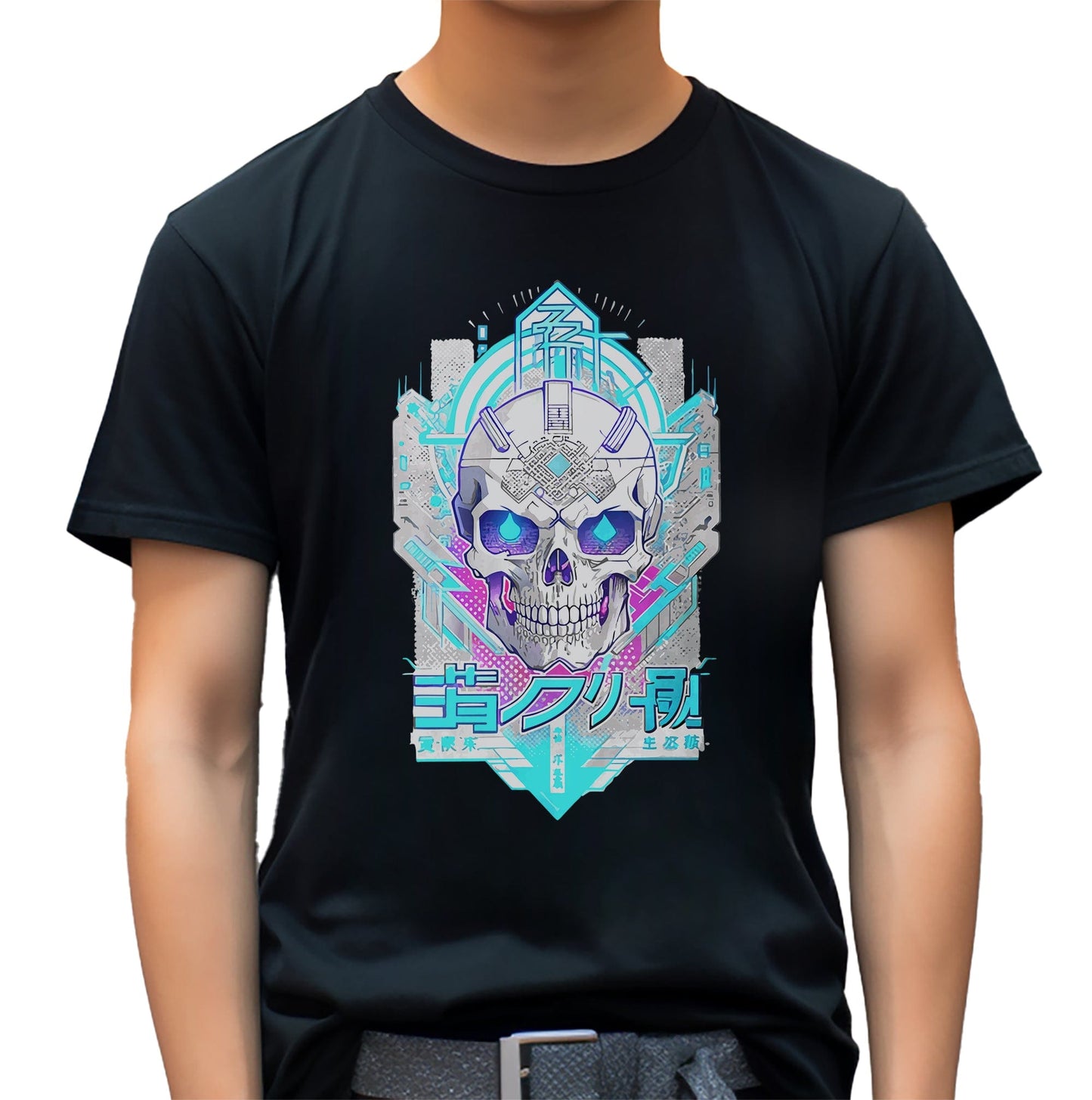 Blue Tech Anime Skull T-Shirt
