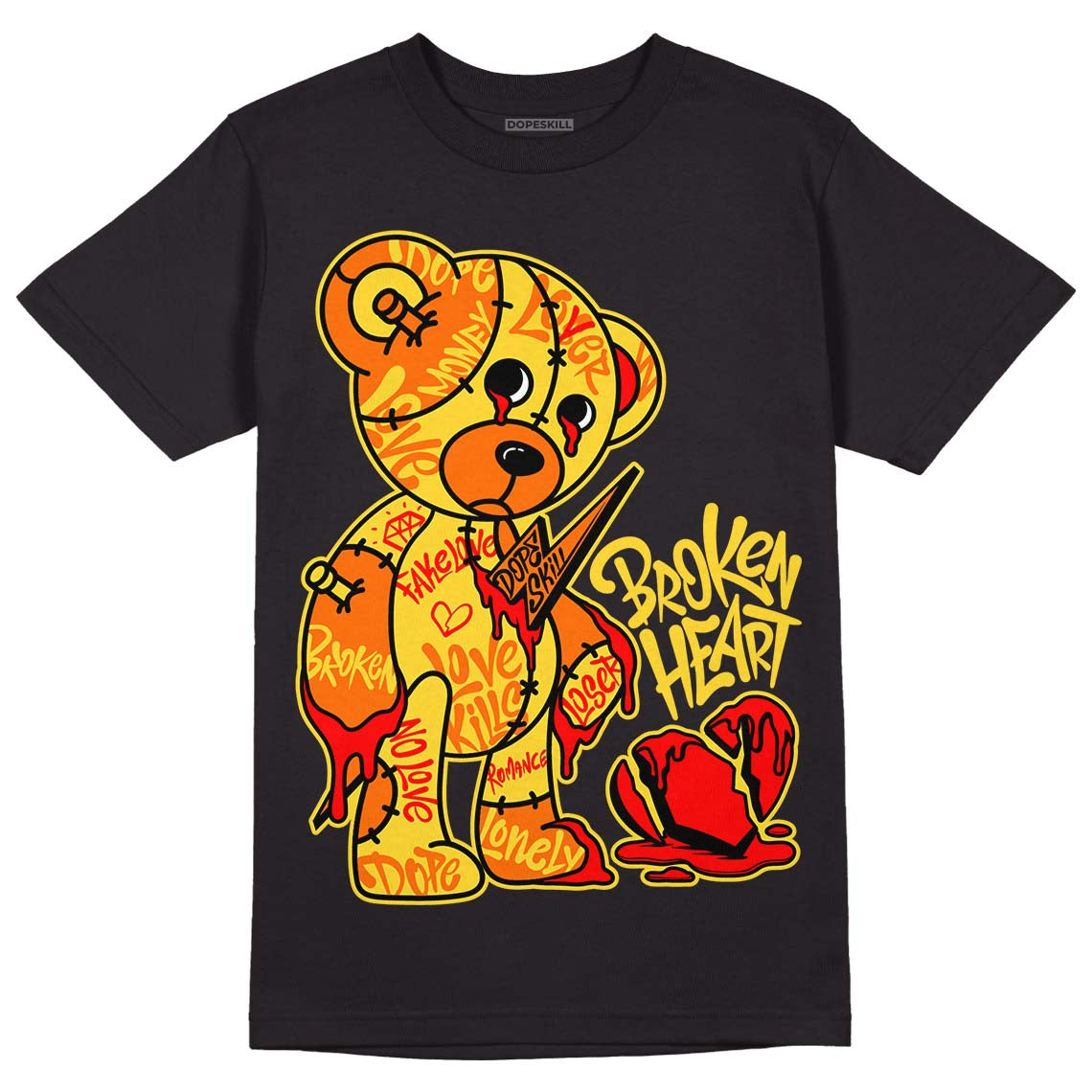 Black Tour Yellow AJ 4 Thunder DopeSkill T-Shirt Broken Heart Graphic