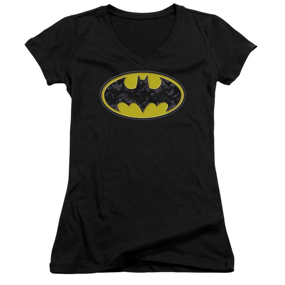 Batman Bats In Logo Junior Sheer Cap Sleeve V Neck Womens T Shirt Black