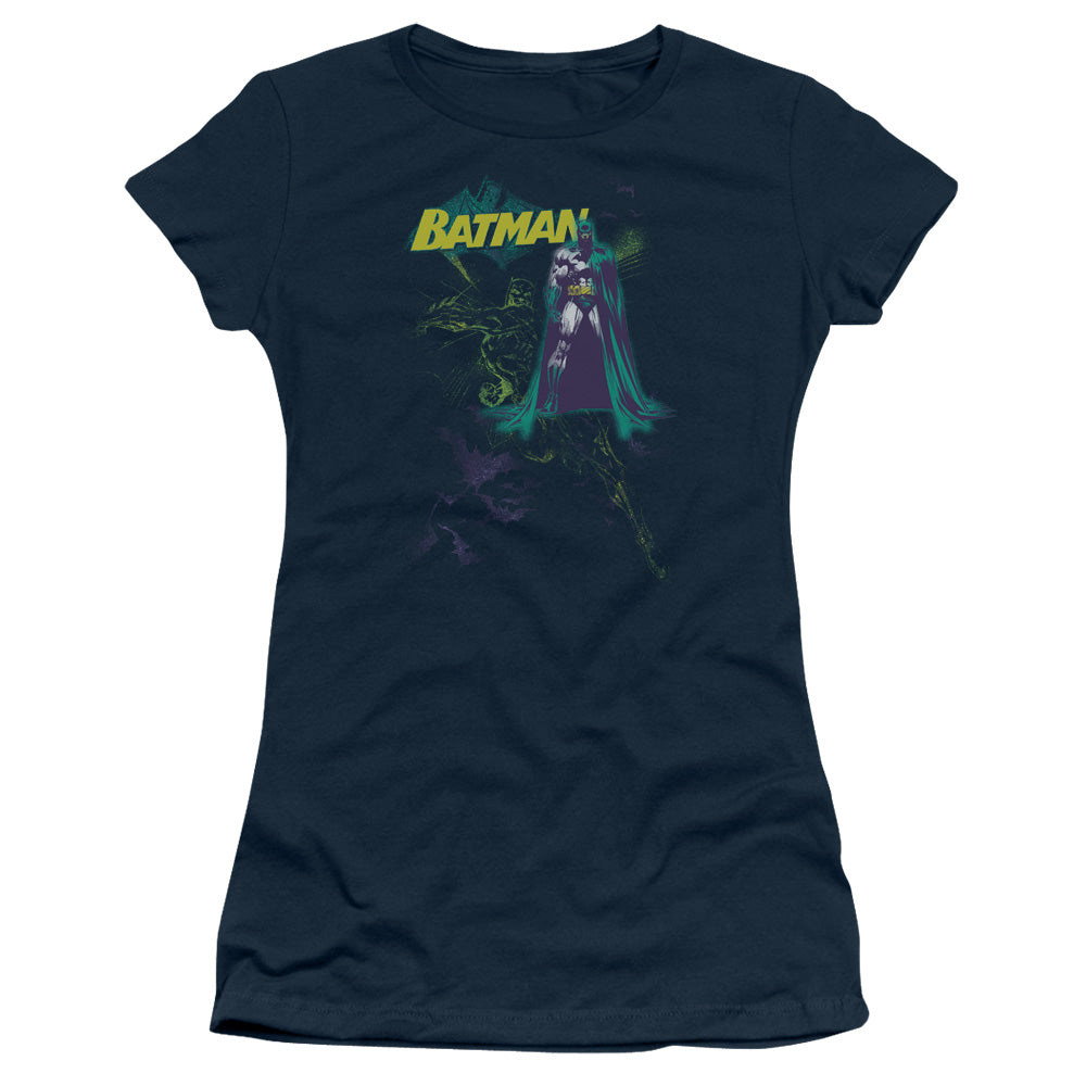 Batman Bat Spray Junior Sheer Cap Sleeve Womens T Shirt Navy Blue