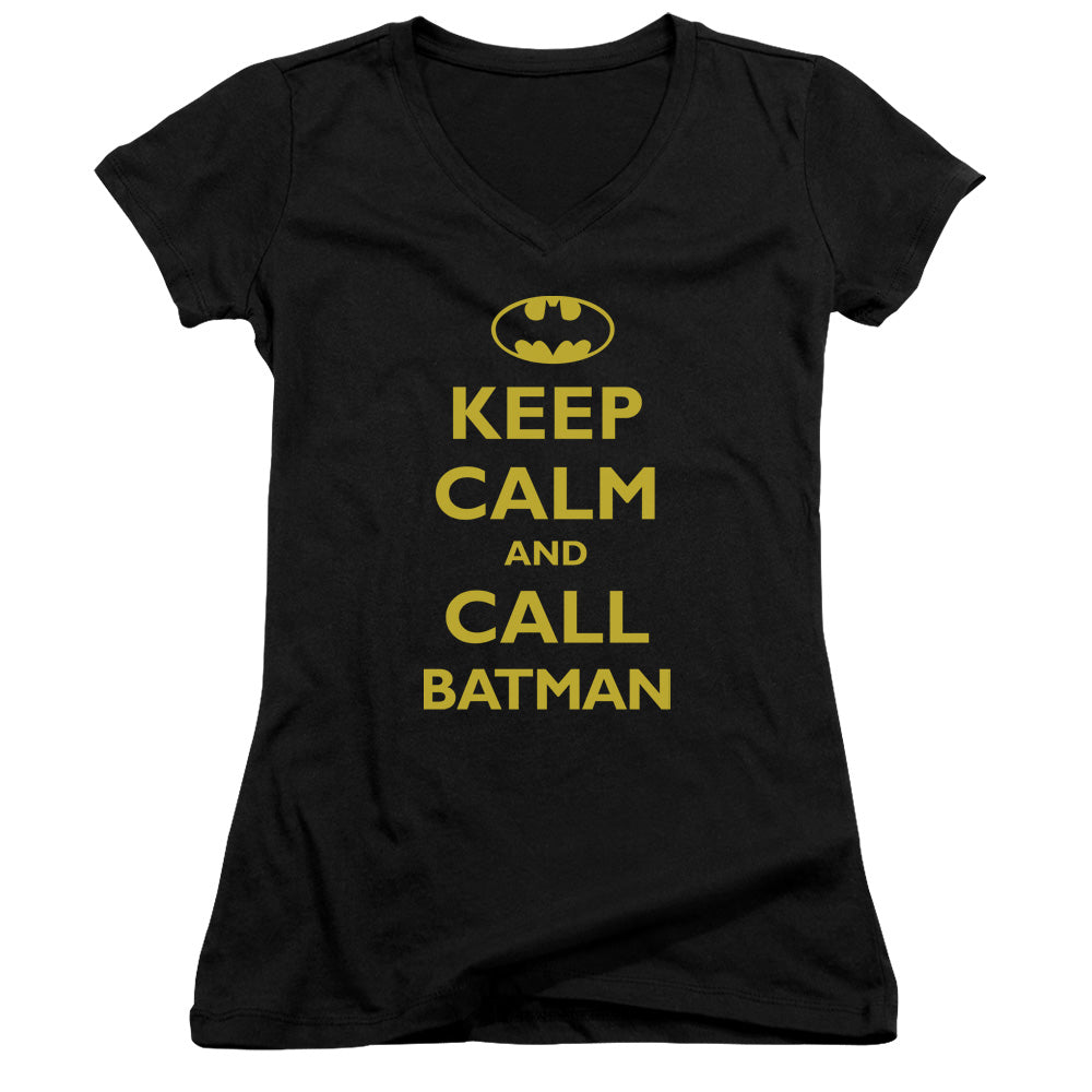 Batman Call Batman Junior Sheer Cap Sleeve V Neck Womens T Shirt Black