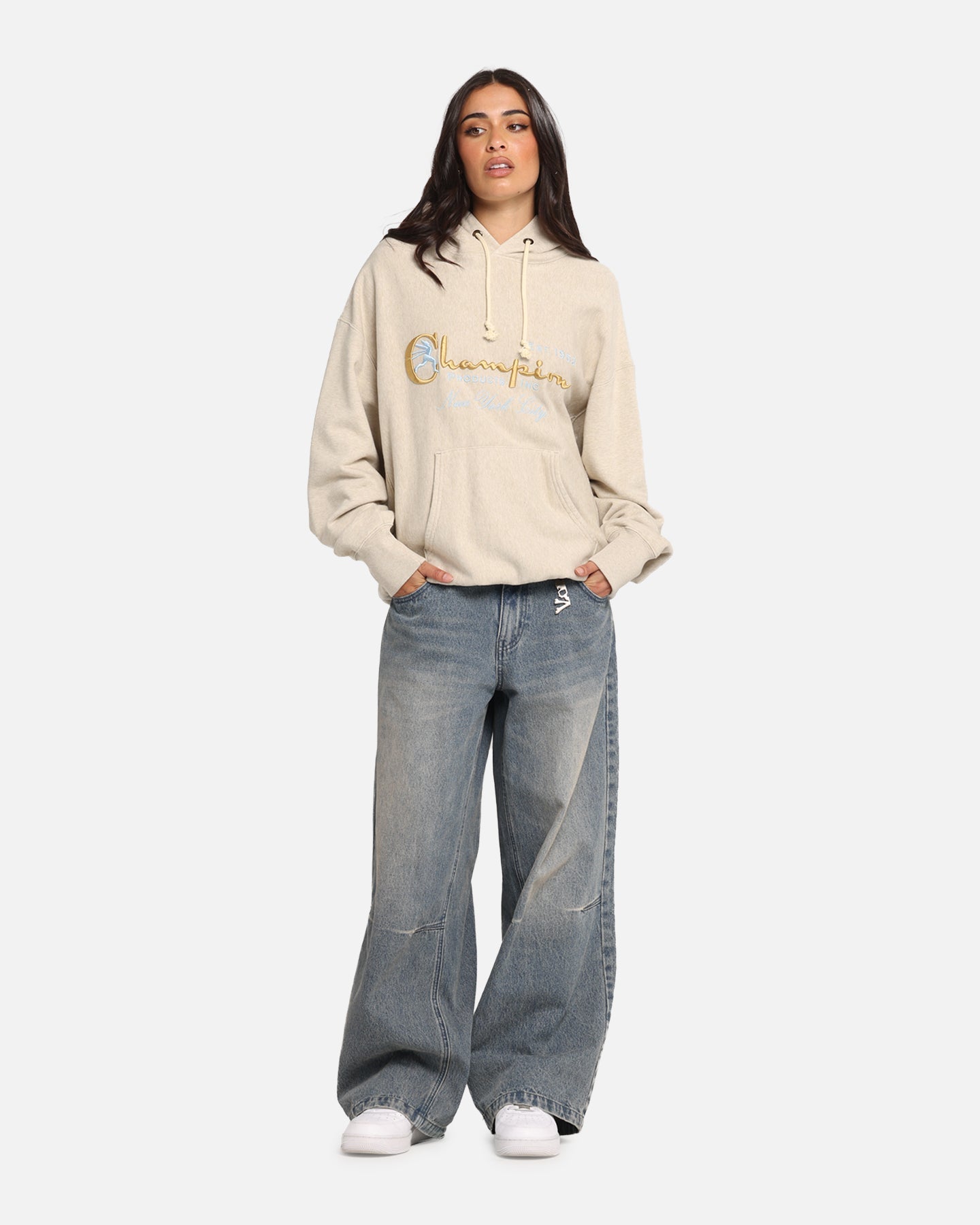 Champion Vintage Logo Sweatshirt Hoodie Oatmeal Heather Style001