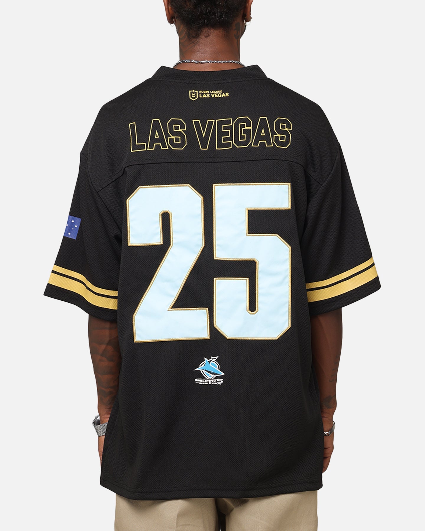 Bleacher Athletic Cronulla Sutherland Sharks NRL 2025 Las Vegas Round Grid Iron T-Shirt Official Team Colour