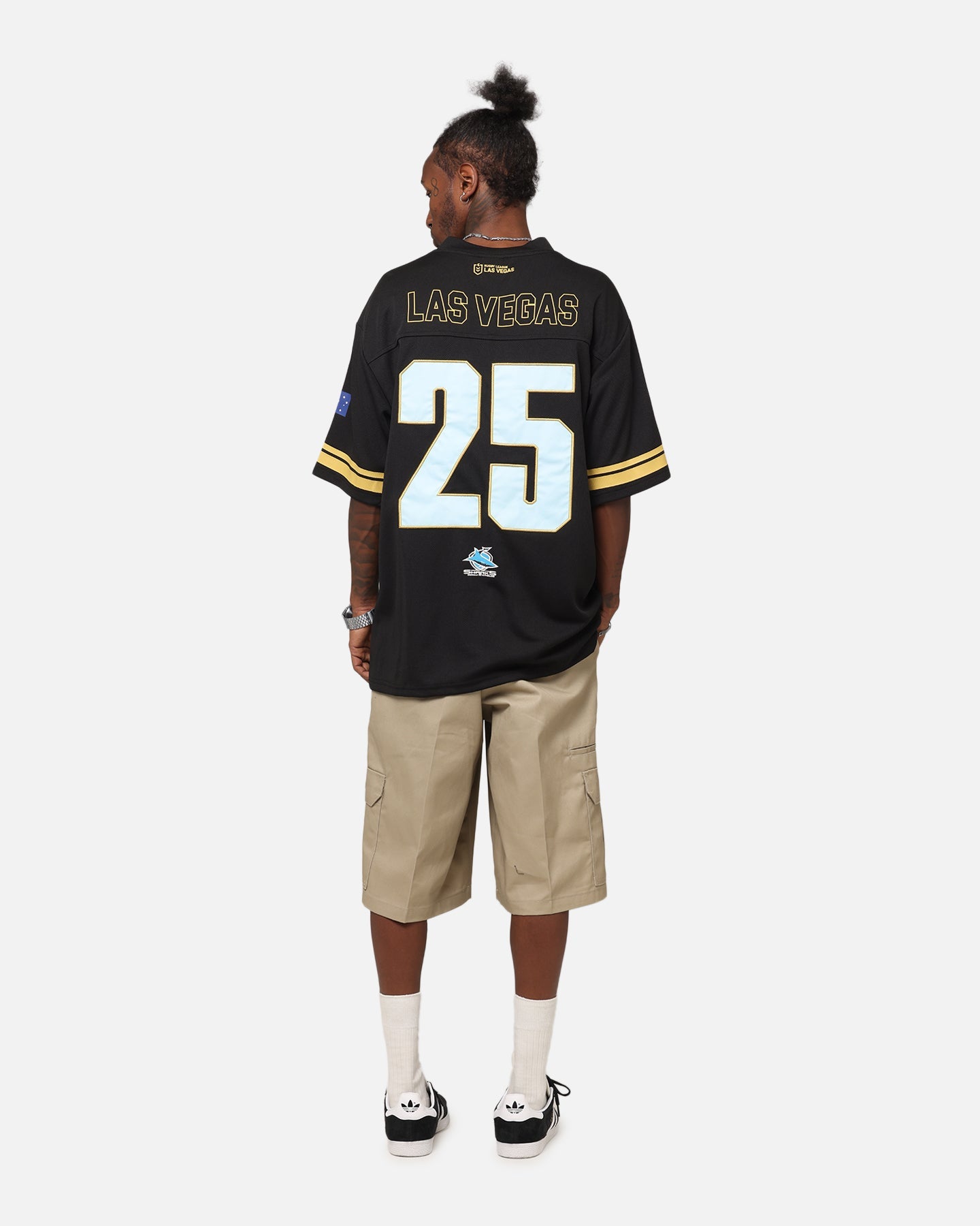 Bleacher Athletic Cronulla Sutherland Sharks NRL 2025 Las Vegas Round Grid Iron T-Shirt Official Team Colour