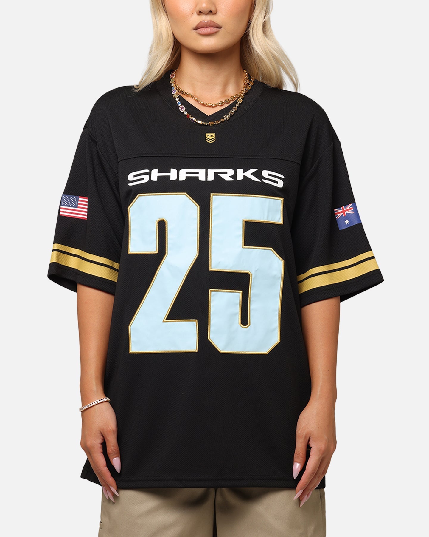 Bleacher Athletic Cronulla Sutherland Sharks NRL 2025 Las Vegas Round Grid Iron T-Shirt Official Team Colour Style001