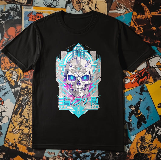Blue Tech Anime Skull T-Shirt