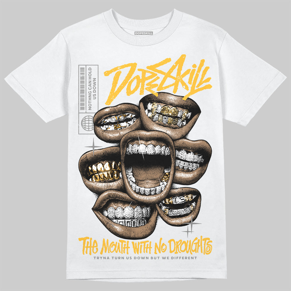 9060 Varsity Gold DopeSkill T-Shirt The Mouth With No Droughts Graphic