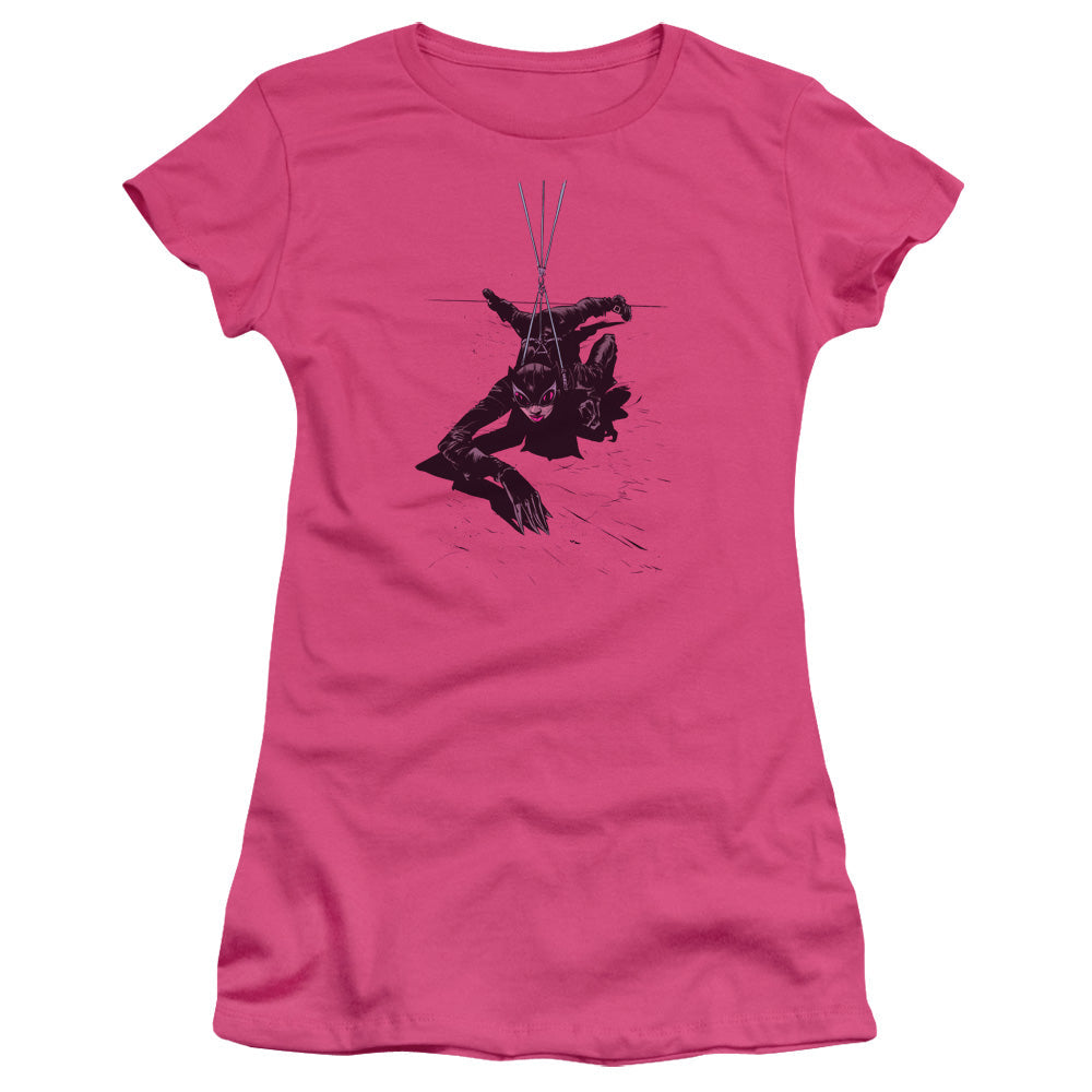 Batman Catwoman Rope Junior Sheer Cap Sleeve Womens T Shirt Hot Pink