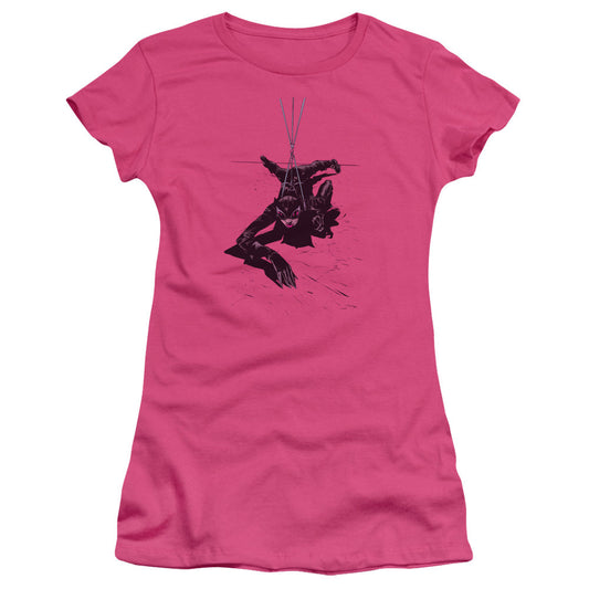 Batman Catwoman Rope Junior Sheer Cap Sleeve Womens T Shirt Hot Pink