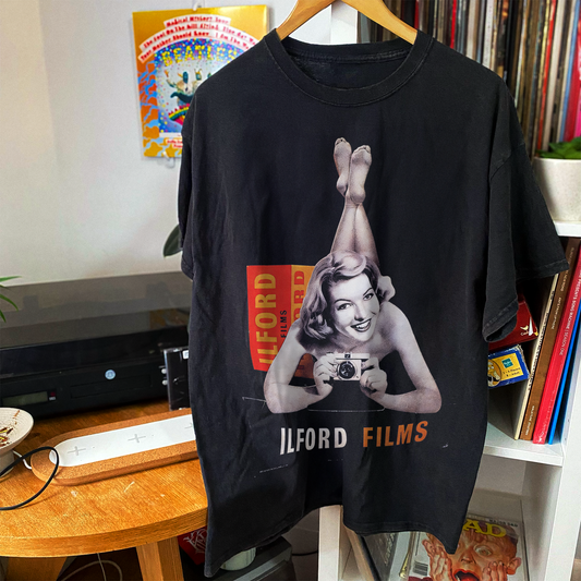 VINTAGE ILFORD 'FILMS' 60s PRINT BLACK T-SHIRT