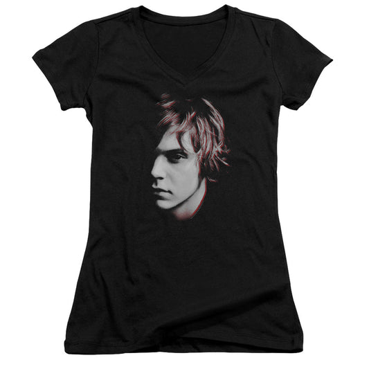 American Horror Story Tate Junior Sheer Cap Sleeve V-Neck Womens T Shirt Black