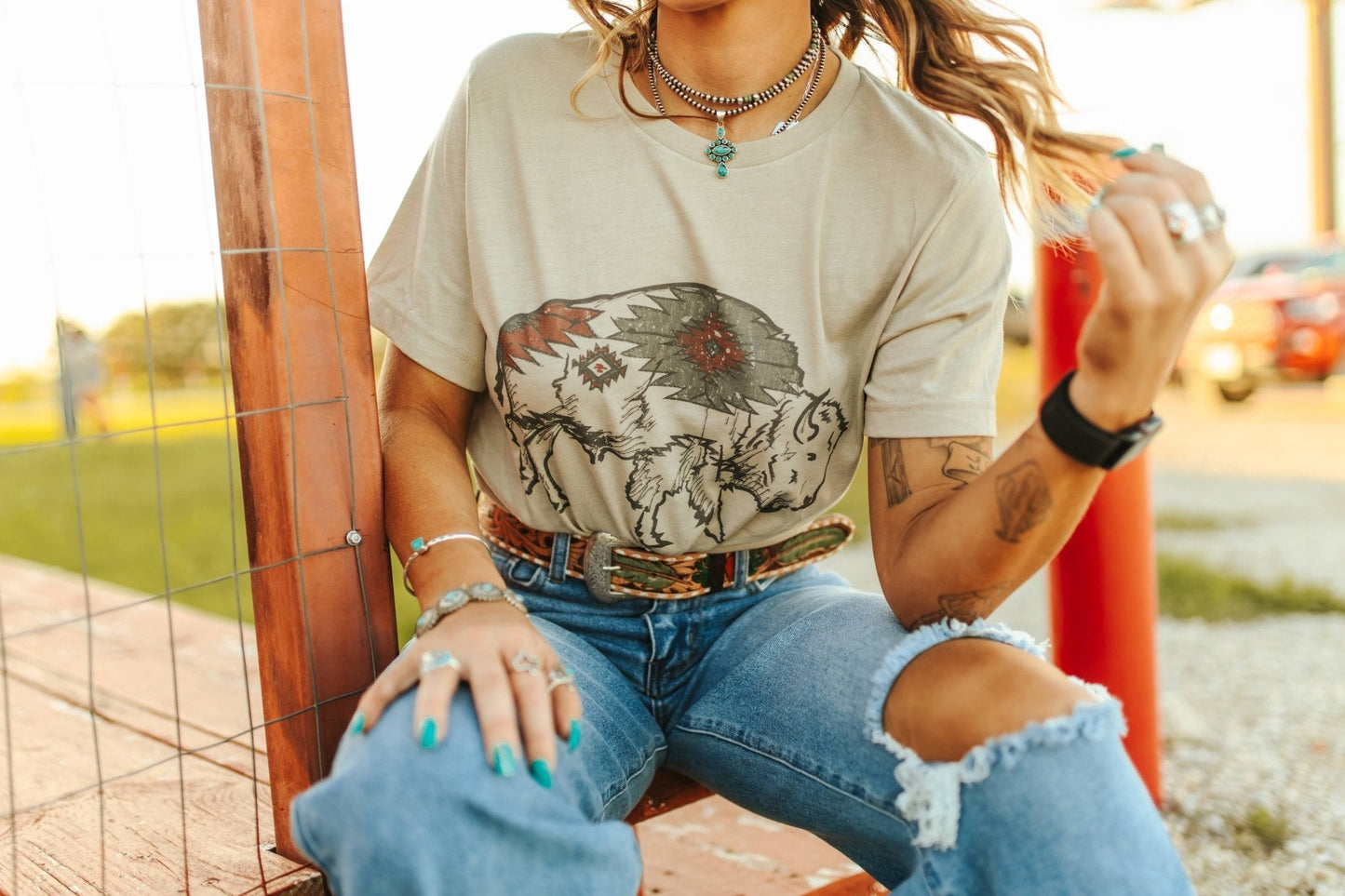 Aztec Bison Graphic Tee Shirt
