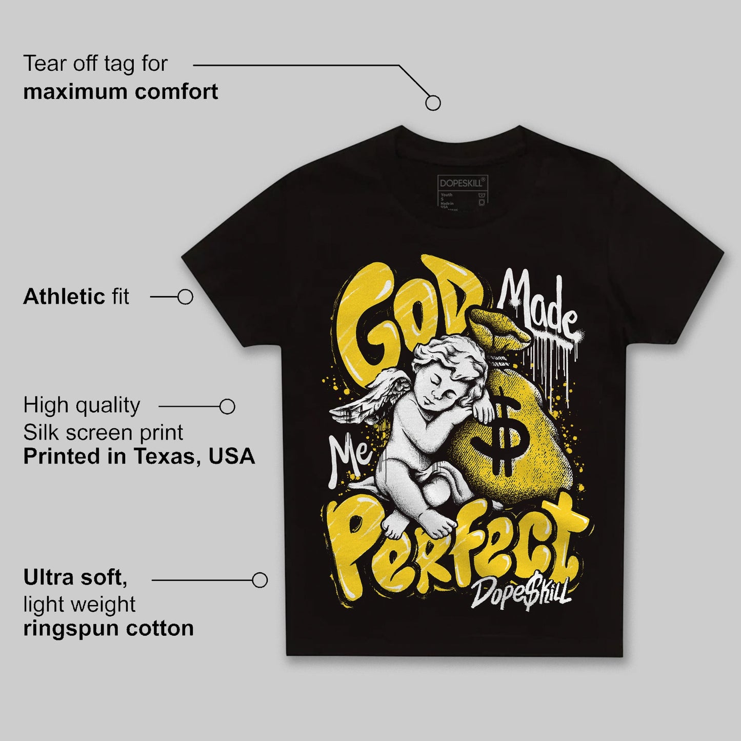 Black Tour Yellow AJ 4 Thunder DopeSkill Toddler Kids T-shirt God Made Me Perfect Graphic